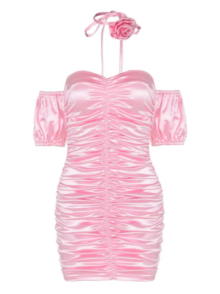 Sexy Sleeveless Satin Pleated Dress For Women's Summer 2024 New Floral Strapless Slim Fitting Dress Party Evening Dress