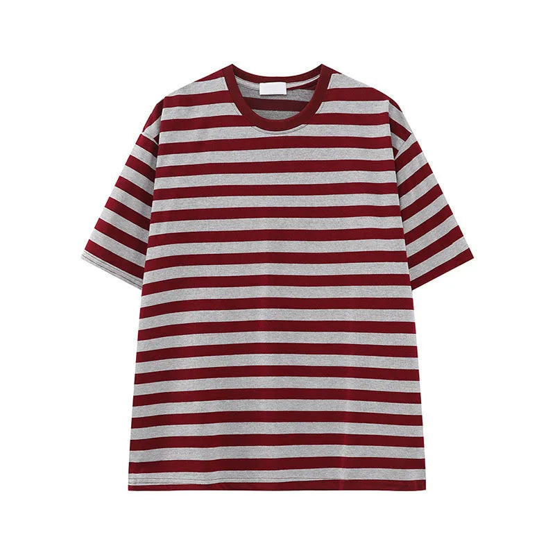Men's Short Sleeve T-shirts New American Stripe Contrast Fashion Round Neck Male Loose Clothing Trendy Tees Casual 9W1598
