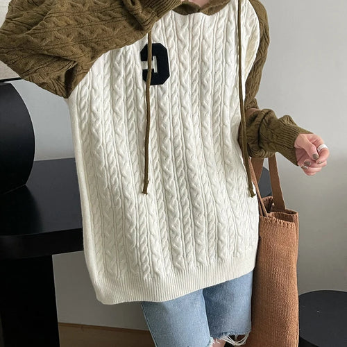 Load image into Gallery viewer, Hooded Twist Sweaters Women Autumn Winter Loose Fashion Korean Knit Sweater Spell Color Patchwork Letter Pullover
