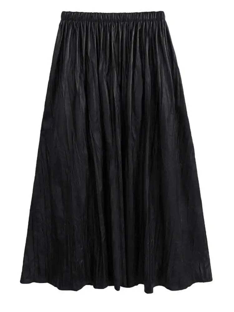 High Elastic Waist Coffee Pleated Midi Pu Leather Half-body Skirt Women Fashion Tide New Spring Autumn 2025 1DH1592