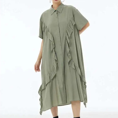 Load image into Gallery viewer, Women Green Irregular Ruffles Big Size Midi Shirt Dress New Lapel Short Sleeve Fashion Tide Spring Summer 2025 1DH6080
