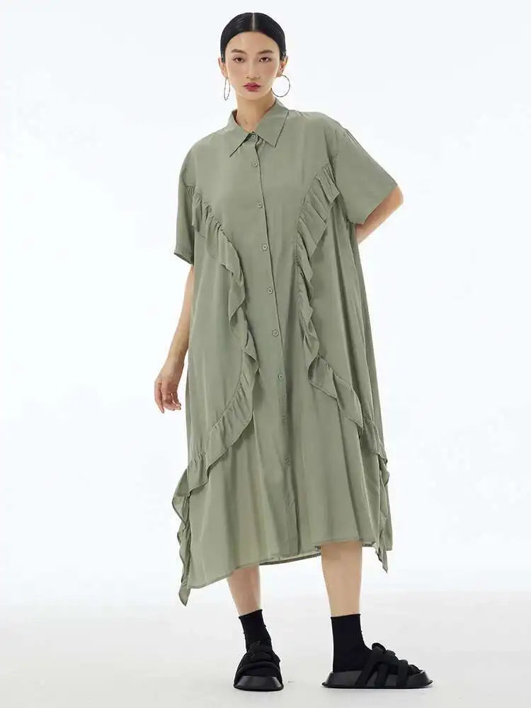 Women Green Irregular Ruffles Big Size Midi Shirt Dress New Lapel Short Sleeve Fashion Tide Spring Summer 2025 1DH6080