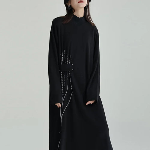 Load image into Gallery viewer, Women Black Topstitched Long Big Size Dress New Turtleneck Long Sleeve Loose Fit Fashion Tide Spring Autumn 2025 1DF3239

