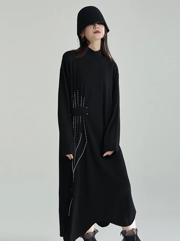 Women Black Topstitched Long Big Size Dress New Turtleneck Long Sleeve Loose Fit Fashion Tide Spring Autumn 2025 1DF3239