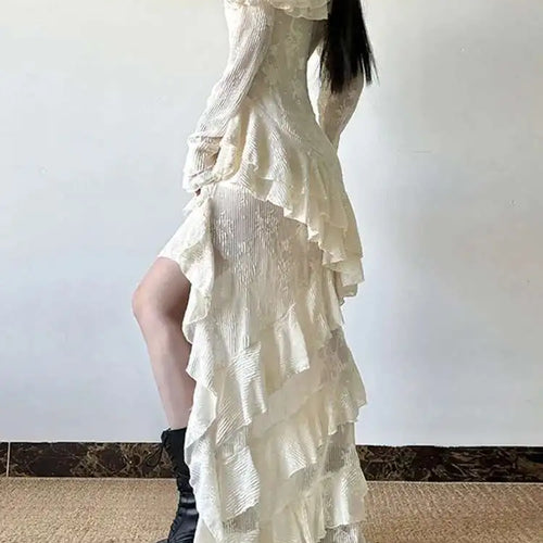 Load image into Gallery viewer, Women Apricot Ruffles Irregular Slim Elegant Long Dress New Diagonal Collar Long Sleeve Fashion Spring Autumn 2025 1DJ0523
