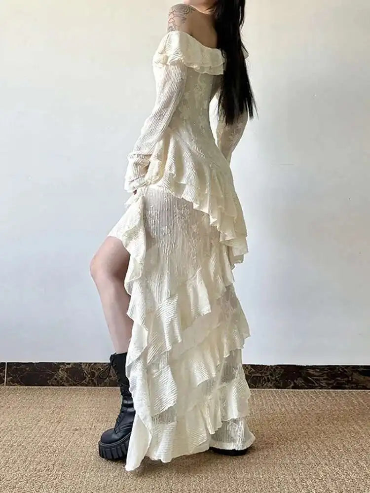 Women Apricot Ruffles Irregular Slim Elegant Long Dress New Diagonal Collar Long Sleeve Fashion Spring Autumn 2025 1DJ0523