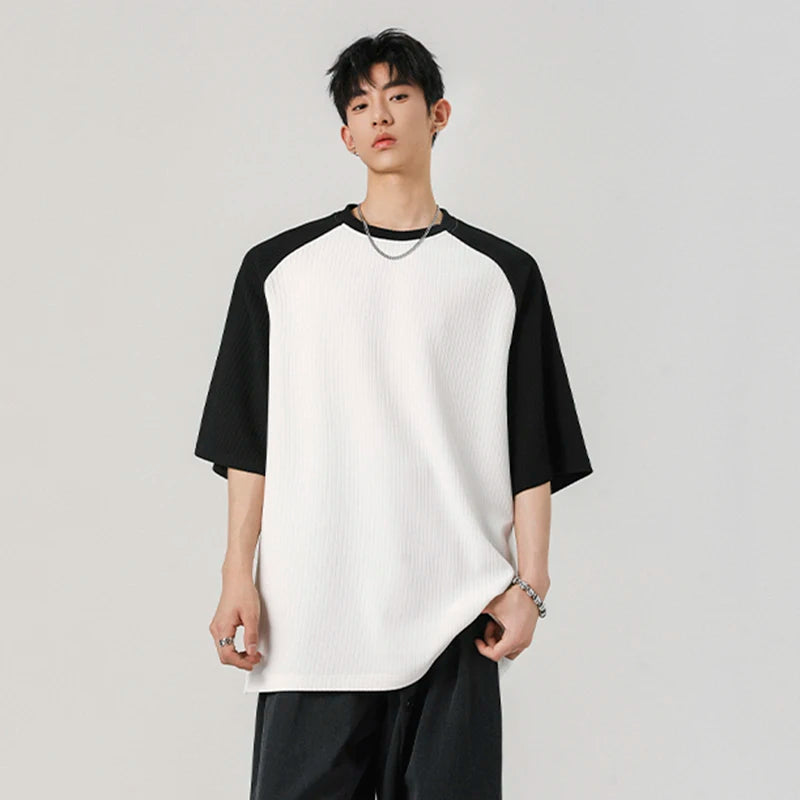 Men's T-shirts Short Sleeve New Summer Pinstripe Splicing Trendy Pullover Trendy Two Color Design Male Casual Tops 9W1933