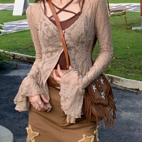 Load image into Gallery viewer, Y2k Aesthetic Two Piece Set Spring Flare Slleve Sexy Printing Cardigan + Streetwear Halter Crop Vest Top 2 Suits Summer Grunge
