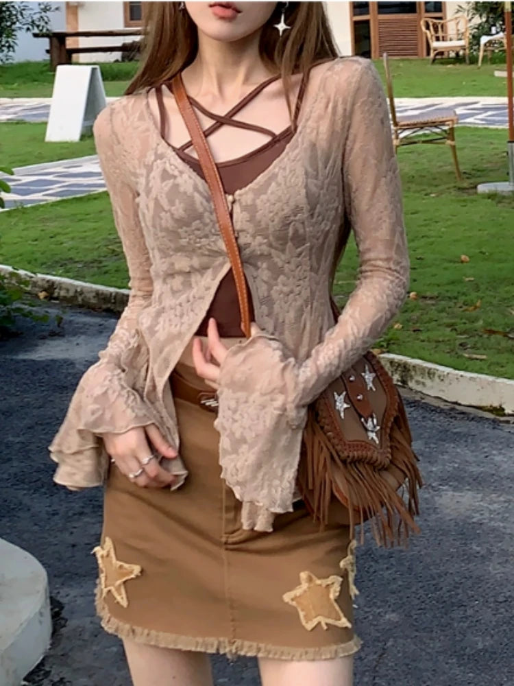 Y2k Aesthetic Two Piece Set Spring Flare Slleve Sexy Printing Cardigan + Streetwear Halter Crop Vest Top 2 Suits Summer Grunge