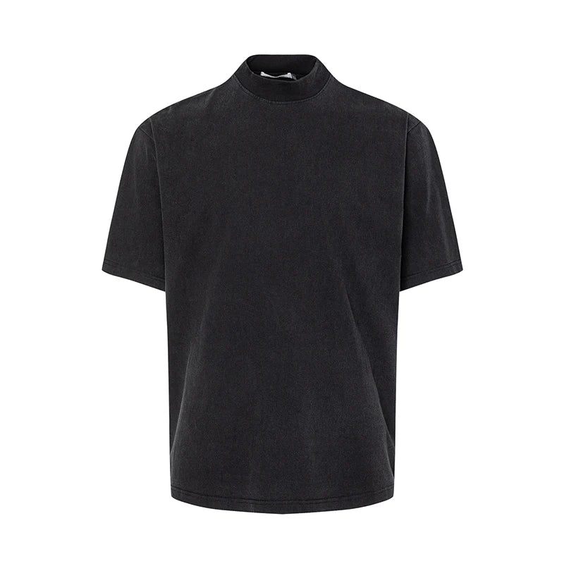 Turtleneck Men's Short Sleeve T-shirts New American Loose Clean Fit Design Solid Color Pullover Male Clothing 9W1456