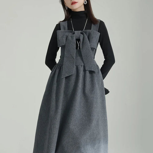 Load image into Gallery viewer, Women Gray Bow Bandage Spliced Long Elegant Woolen Dress New Sleeveless Loose Fit Fashion Tide Autumn Winter 2025 1DF3527
