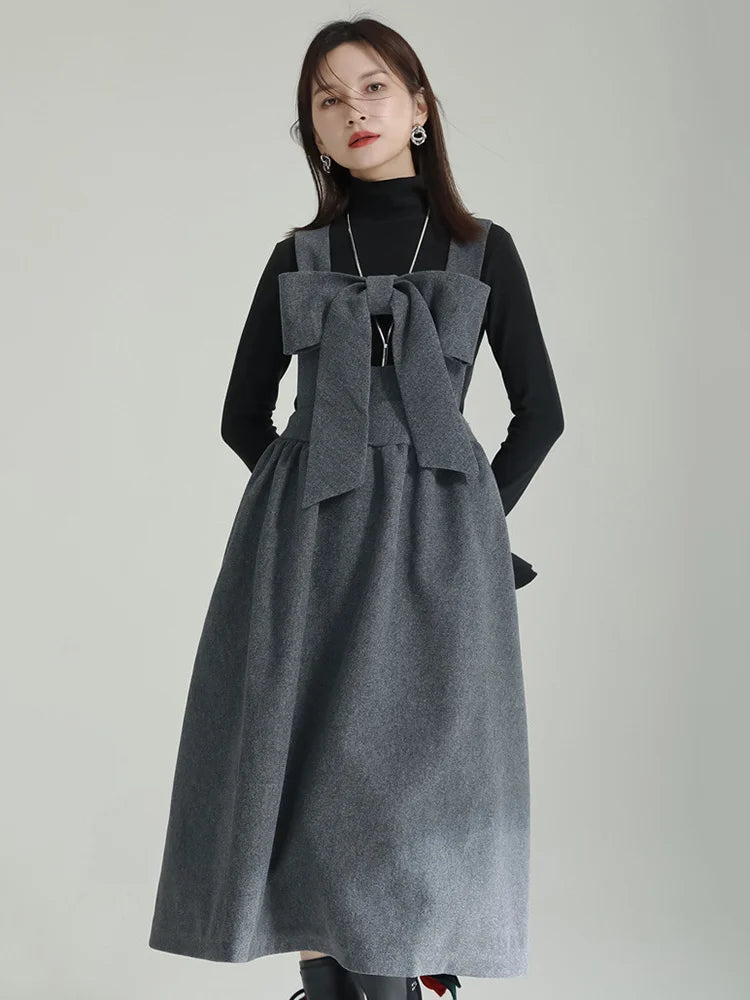 Women Gray Bow Bandage Spliced Long Elegant Woolen Dress New Sleeveless Loose Fit Fashion Tide Autumn Winter 2025 1DF3527