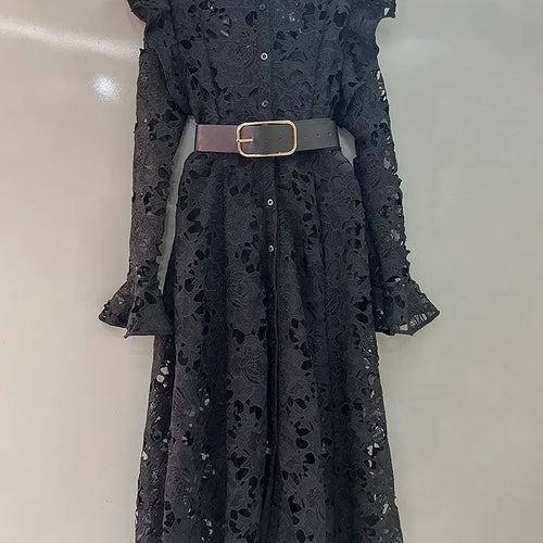 Load image into Gallery viewer, Elegant Hollow Out Lace Dresses For Women Stand Collar Flare Sleeve High Waist Patchwork Belt  A Line Folds Dress Female
