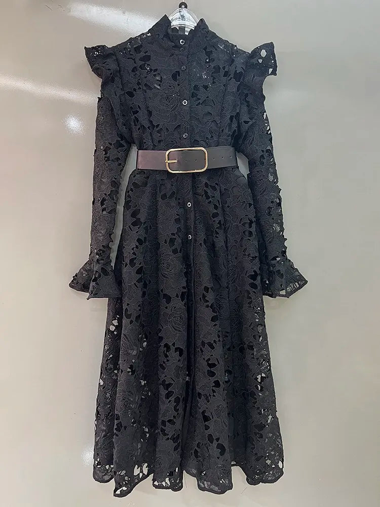 Elegant Hollow Out Lace Dresses For Women Stand Collar Flare Sleeve High Waist Patchwork Belt  A Line Folds Dress Female
