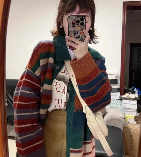 Japanese Oversize Grunge Casual Cardigans Y2k Aesthetic Contrast Color Stripe Coats Women Autumn Single Breasted Long Sweater