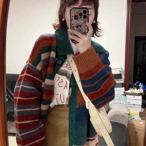 Load image into Gallery viewer, Japanese Oversize Grunge Casual Cardigans Y2k Aesthetic Contrast Color Stripe Coats Women Autumn Single Breasted Long Sweater

