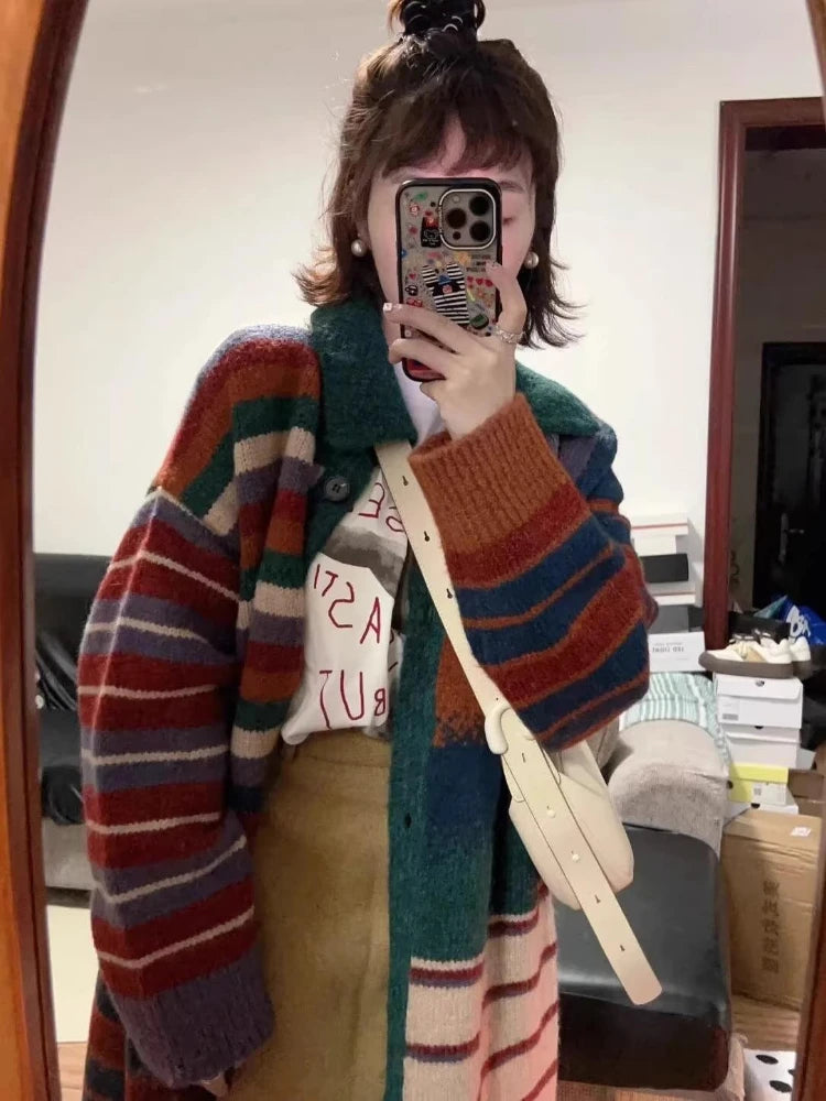 Japanese Oversize Grunge Casual Cardigans Y2k Aesthetic Contrast Color Stripe Coats Women Autumn Single Breasted Long Sweater