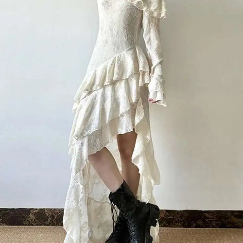 Load image into Gallery viewer, Women Apricot Ruffles Irregular Slim Elegant Long Dress New Diagonal Collar Long Sleeve Fashion Spring Autumn 2025 1DJ0523
