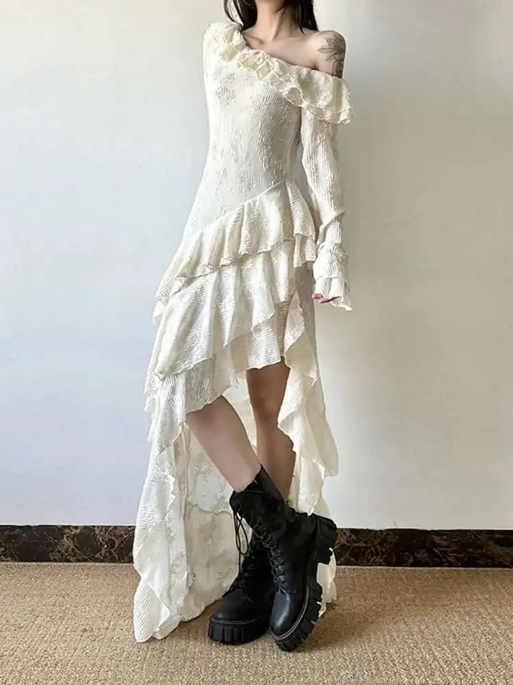 Women Apricot Ruffles Irregular Slim Elegant Long Dress New Diagonal Collar Long Sleeve Fashion Spring Autumn 2025 1DJ0523