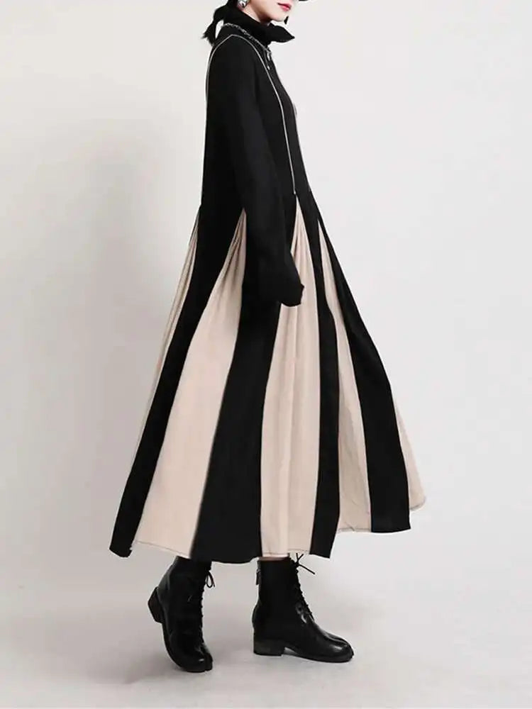 Women Black White Contrast Color Long Dress New Turtleneck Long Sleeve Loose Fit Fashion Tide Autumn Winter 2025  1DD2153