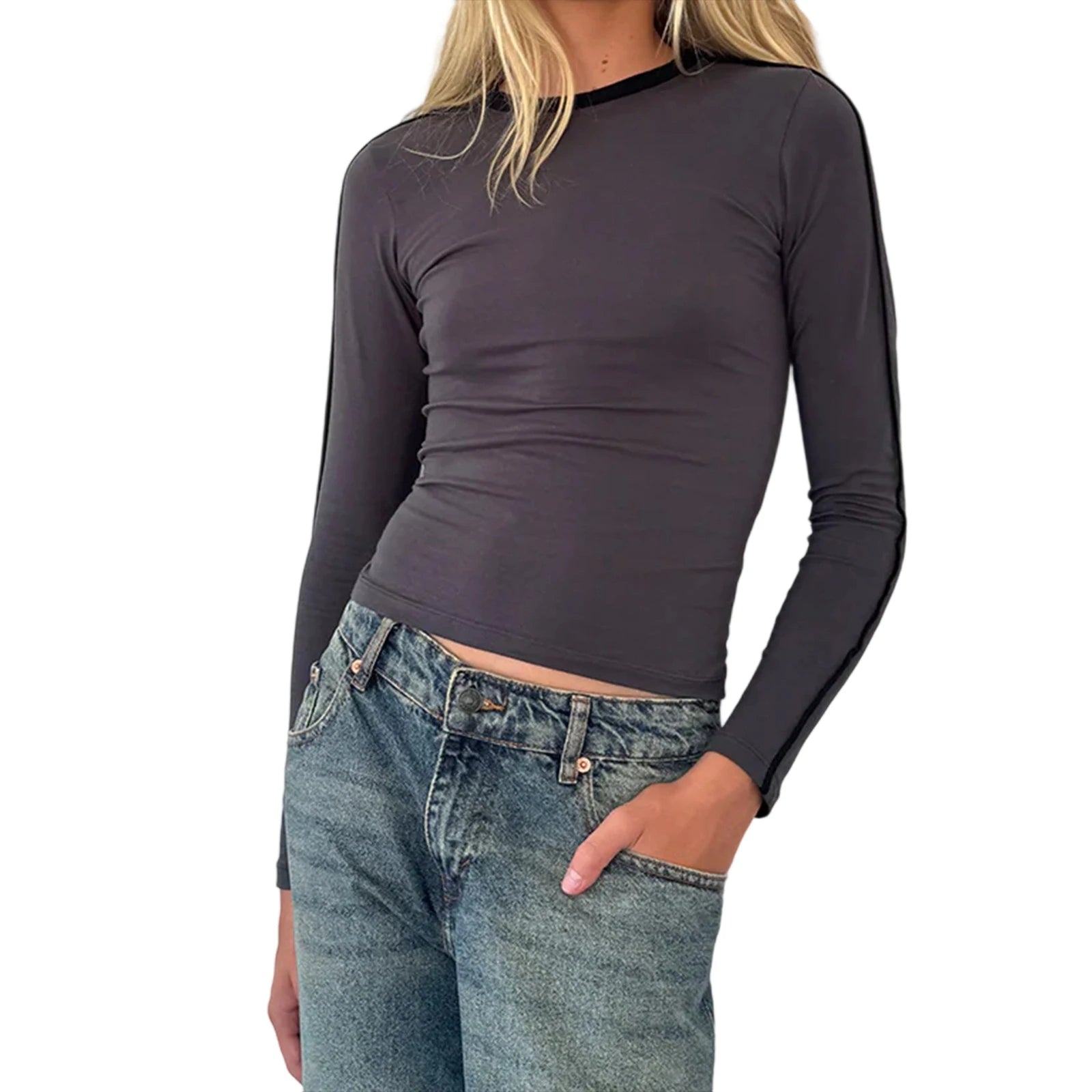 Fall Crop Tops y2k Women Aesthetic Clothing Contrast Trim Round Neck Long Sleeve T Shirts Fashion Tees Streetwear