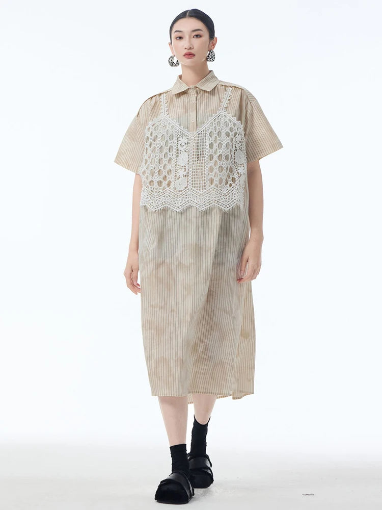 Women Black Striped Lace Spliced Big Size Midi Shirt Dress New Lapel Short Sleeve Fashion Tide Spring Summer 2025 1DJ1257