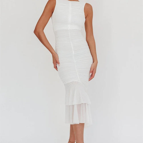 Load image into Gallery viewer, Mesh Backless Ruffle Sexy Maxi Dress Women Gown Two Layer Fabric Fashion Sleeveless Ruched Bodycon Club Long Dress
