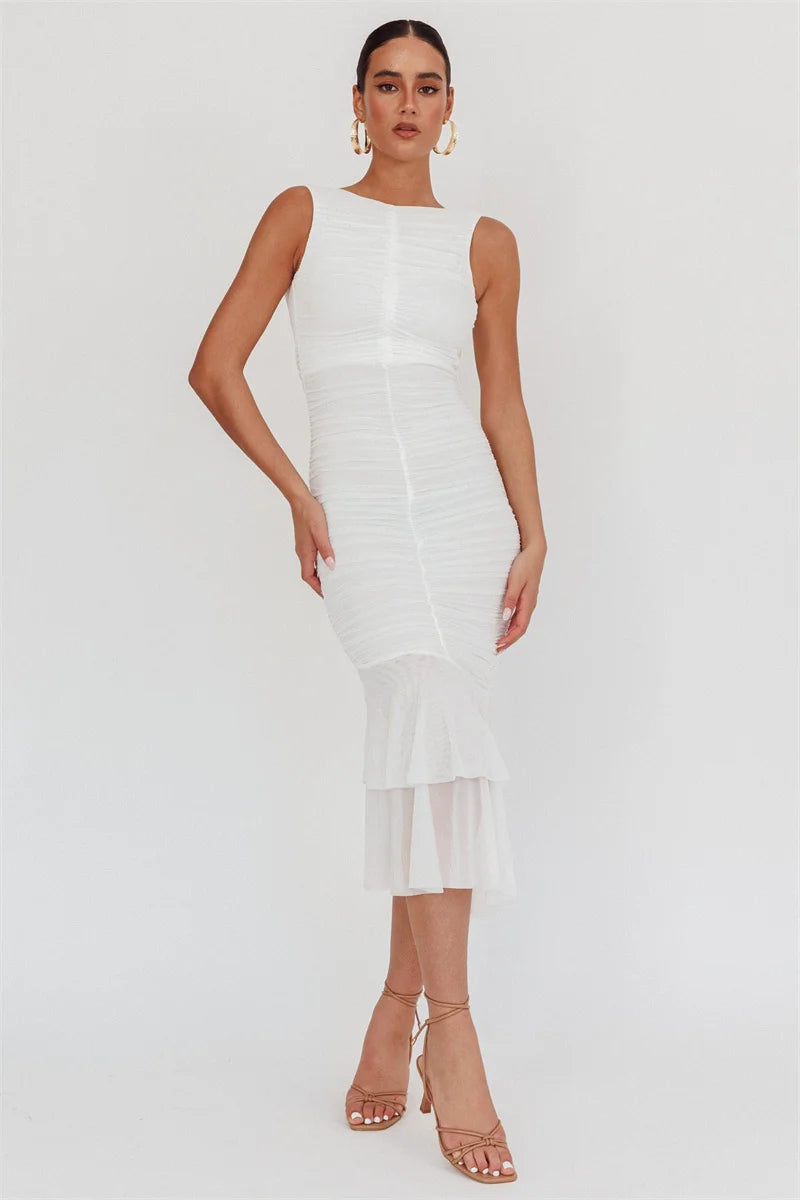 Mesh Backless Ruffle Sexy Maxi Dress Women Gown Two Layer Fabric Fashion Sleeveless Ruched Bodycon Club Long Dress