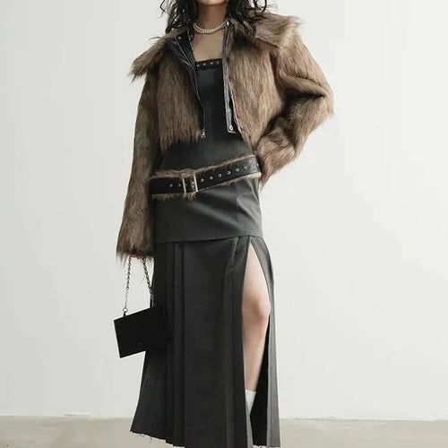 Load image into Gallery viewer, Women Geay Leather Hem Pleated Wool Belt Long Elegant Dress New Halter Sleeveless Fashion Tide Spring Autumn 2025 1DH7227
