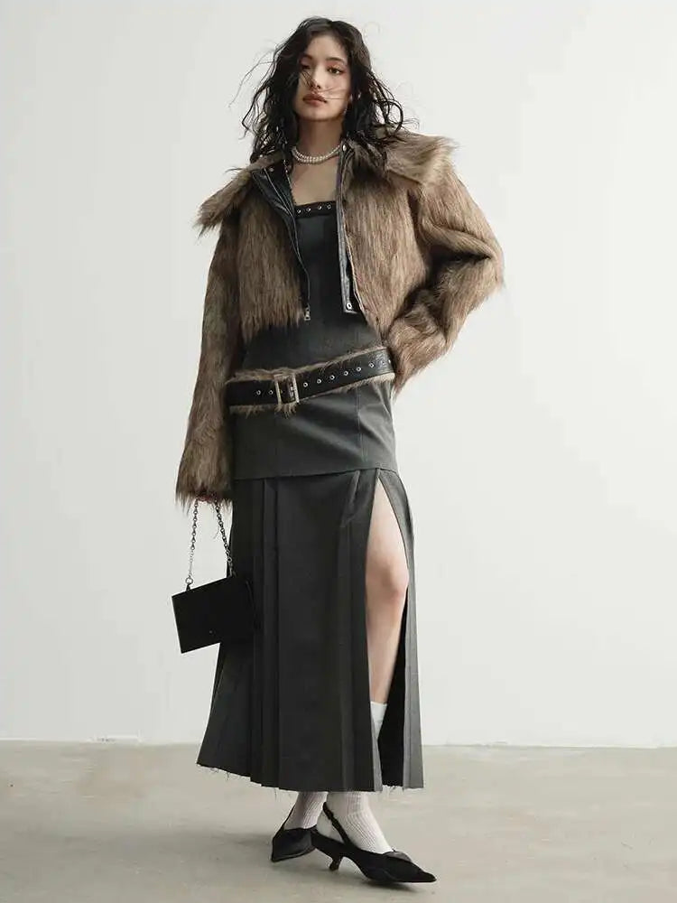 Women Geay Leather Hem Pleated Wool Belt Long Elegant Dress New Halter Sleeveless Fashion Tide Spring Autumn 2025 1DH7227