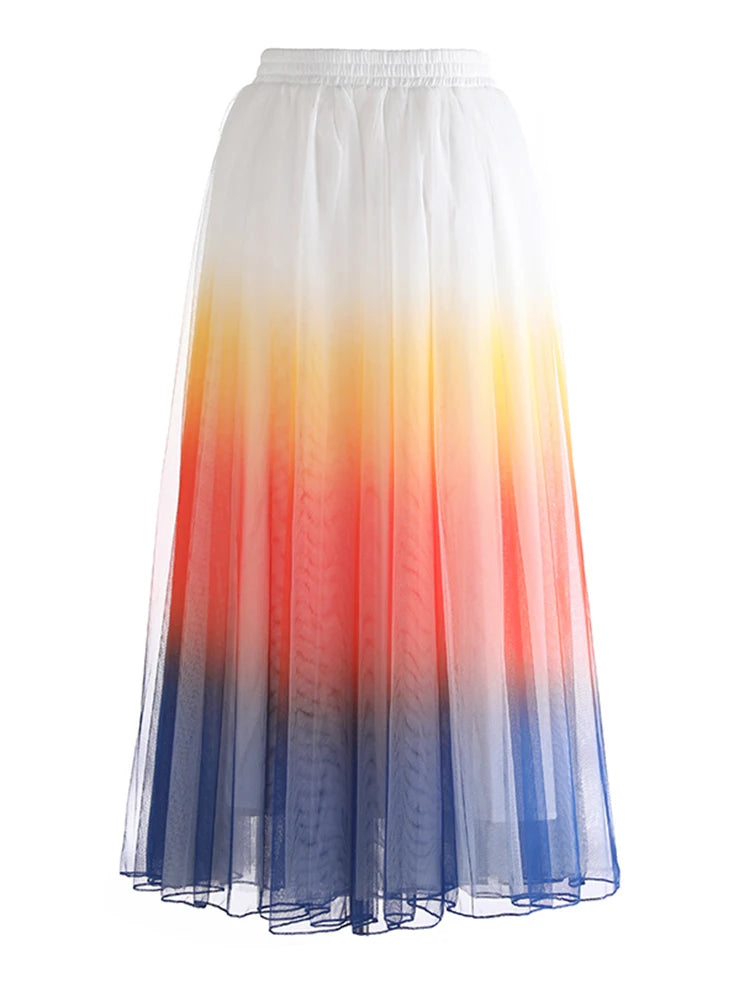 High Elastic Waist Blue 3D Flower Gradual Color Mesh A-line Half-body Skirt Women Fashion New Spring Autumn 2025  1DJ1259