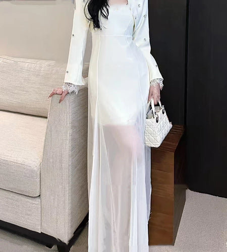 Spliced Diamonds Two Piece Set For Women Strapless Sleeveless High Waist Temperament Dress Long Coat Sets Female