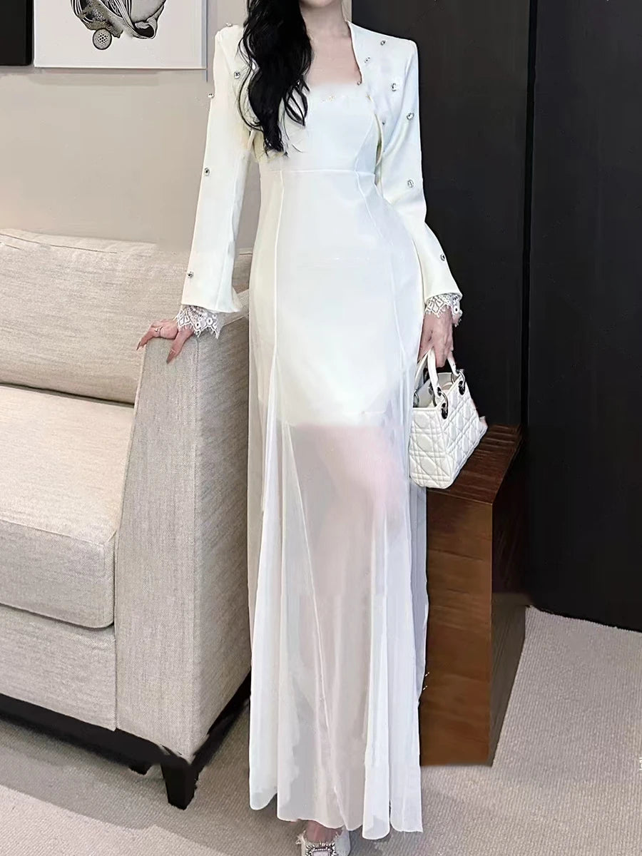 Spliced Diamonds Two Piece Set For Women Strapless Sleeveless High Waist Temperament Dress Long Coat Sets Female