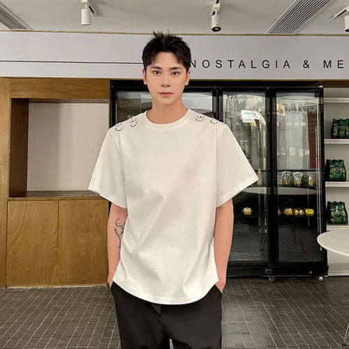 Load image into Gallery viewer, Summer Men&#39;s Loose Short Sleeve T-shirt Small Metal Half Ring Design Casual Simple Round Collar Male Top 9C5513
