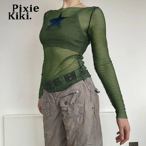 Load image into Gallery viewer, Y2k Tops Star Patchwork Hollow Fishnet Mesh T Shirts Long Sleeve Sexy Green Tops for Woman Autumn 2024 P67-BG10
