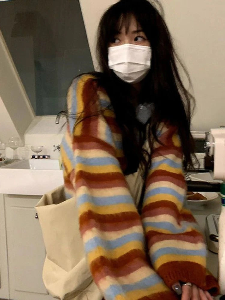 Vintage Striped Cardigan Korean Chic Y2k Aesthetic Sweater Coat 2025 Autumn New Harajuku Kardigany Jumper Pull  Femme