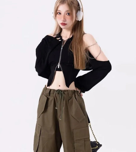 Zipper Long Sleeve T-shirt Women Hotsweet Y2k Crop Top Harajuku Korean New Fashion Off Shoulder Autumn Kpop
