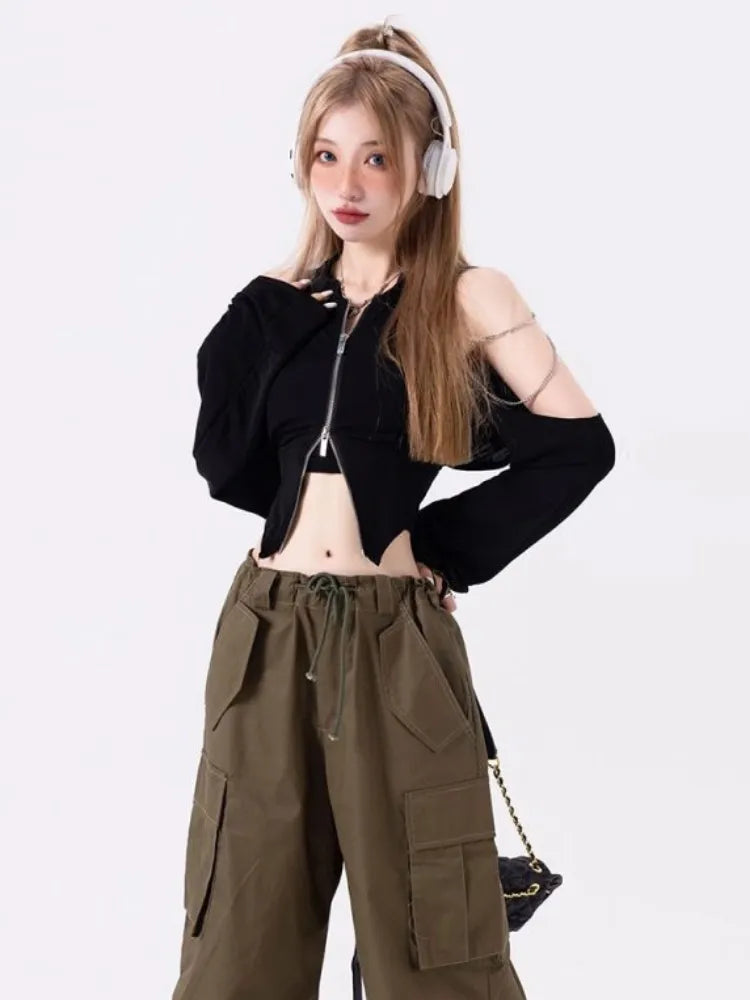 Zipper Long Sleeve T-shirt Women Hotsweet Y2k Crop Top Harajuku Korean New Fashion Off Shoulder Autumn Kpop