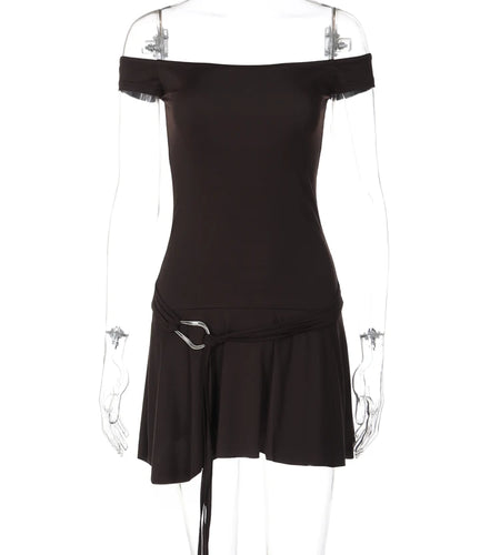 Women Fashion Solid Slash Neck Belt Sexy Slim Pleated Mini Dress Summer Casual Y2K Outfit Vacation Party Nightclub