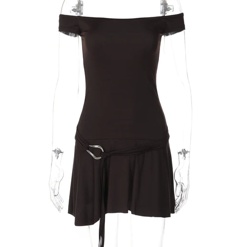 Load image into Gallery viewer, Women Fashion Solid Slash Neck Belt Sexy Slim Pleated Mini Dress Summer Casual Y2K Outfit Vacation Party Nightclub
