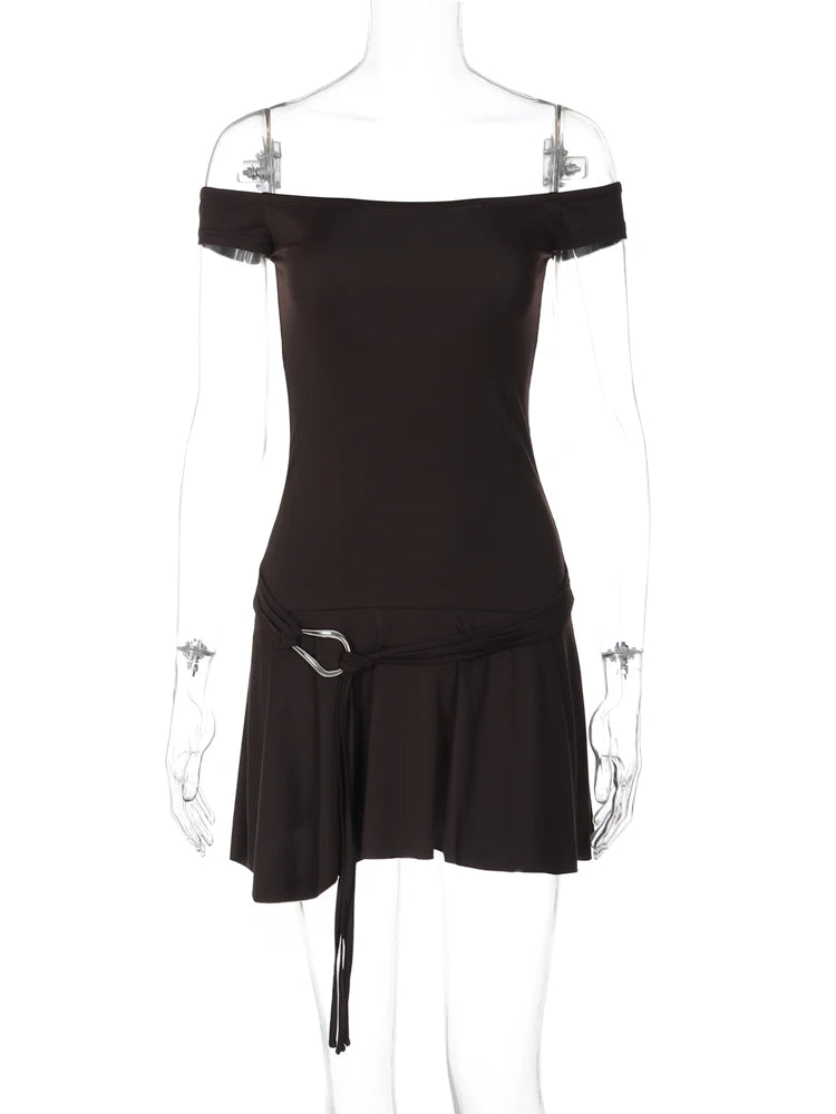 Women Fashion Solid Slash Neck Belt Sexy Slim Pleated Mini Dress Summer Casual Y2K Outfit Vacation Party Nightclub