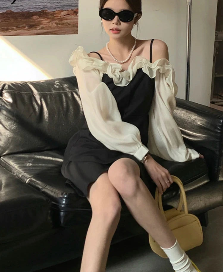 Spring Summer French Sling Solid Color Dress Women High Street Chic Balck Dresses Yellow Elegant Beach Short Dress Female