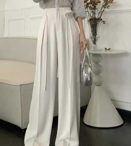 Korean Clothes Summer Black White Wide Leg Long Pants Women's Gray High Waist Loose Lace Up Flower Decoration Trousers Trend New