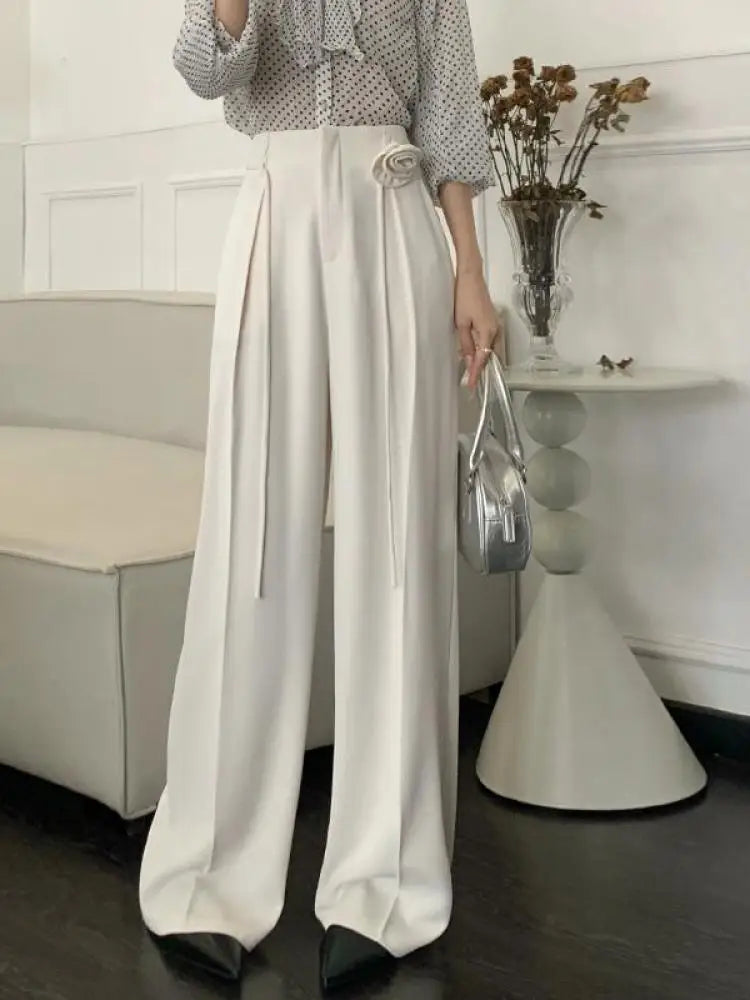 Korean Clothes Summer Black White Wide Leg Long Pants Women's Gray High Waist Loose Lace Up Flower Decoration Trousers Trend New