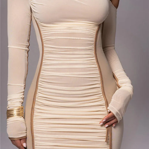 Load image into Gallery viewer, Diagonal Collar Long Sleeve Midi Dress For Women Two Layer Mesh Backless Ruched Bodycon Club Party Sexy Long Dress
