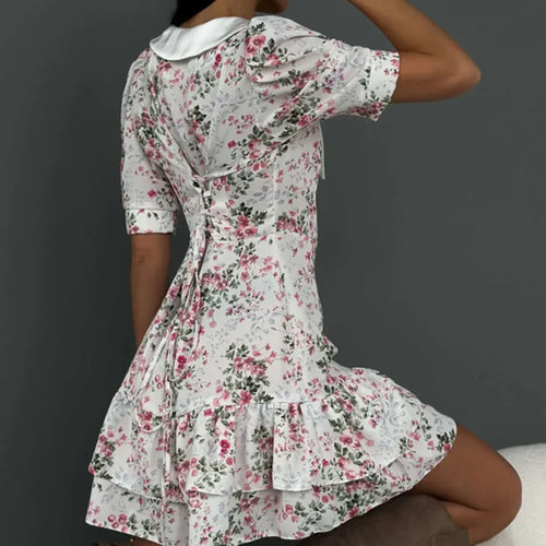 Load image into Gallery viewer, Short Sleeve Floral Mini Dress For Women Robe Turn-down Collar Elegant French Dress Ladies Fashion High Waist Dresses

