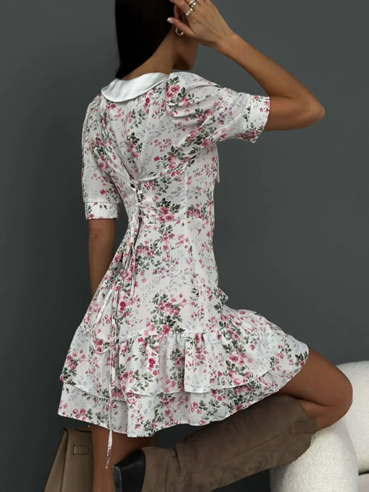 Short Sleeve Floral Mini Dress For Women Robe Turn-down Collar Elegant French Dress Ladies Fashion High Waist Dresses