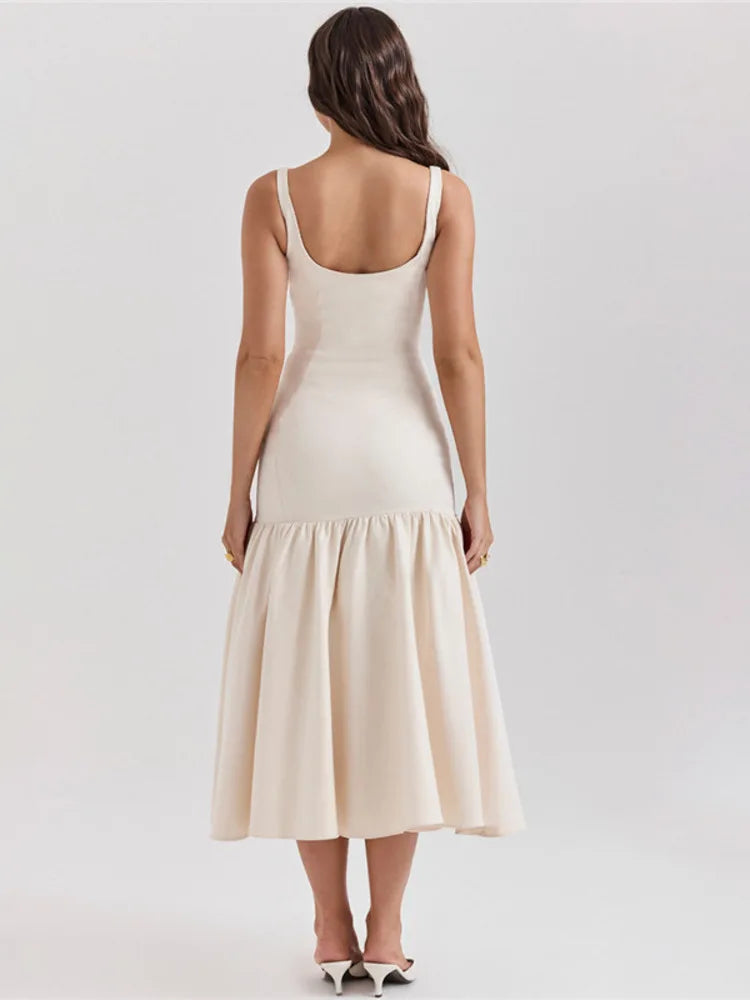 Backless Maxi Fishtail Dress For Women Gown Fashion Square Collar Sleeveless Loose Pleated Long Dress Elegant Dresses