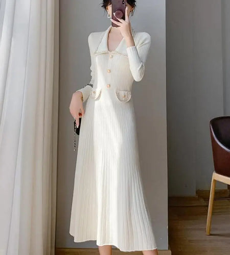 Women Lapel Single Breasted Patchwork Midi Sweater Dress Elegant Fashion Pullover Bodycon Streetwear Knit Dress 2023 New Autumn