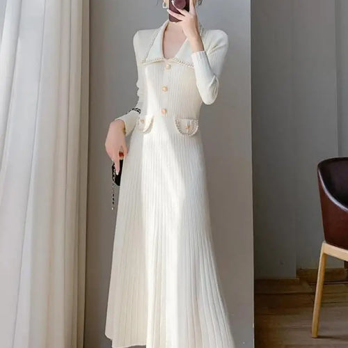 Load image into Gallery viewer, Women Lapel Single Breasted Patchwork Midi Sweater Dress Elegant Fashion Pullover Bodycon Streetwear Knit Dress 2023 New Autumn

